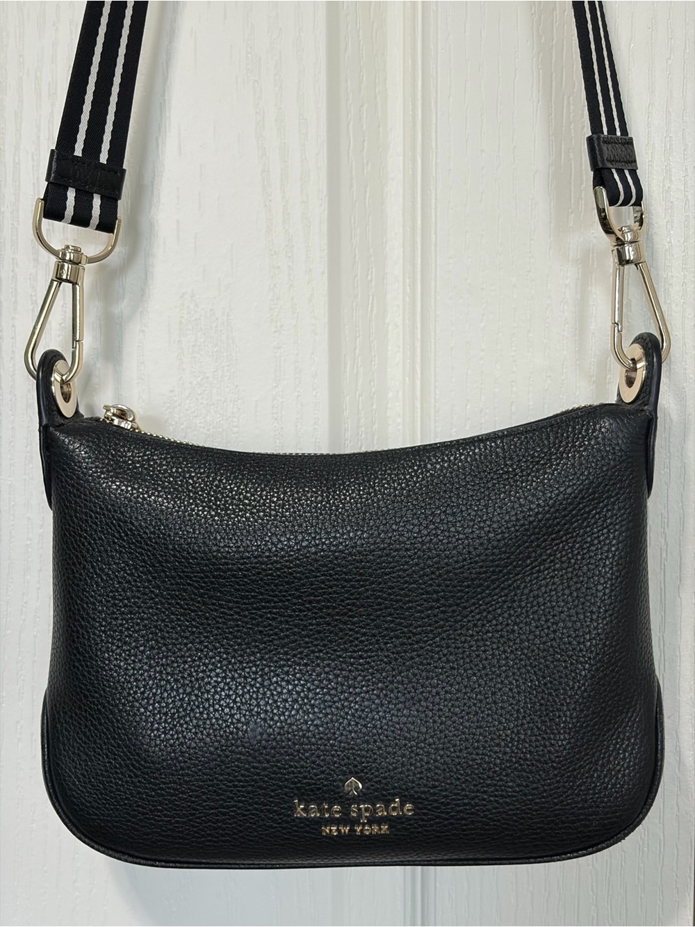 kate spade Black Pebbled Leather Crossbody with Striped Strap Medium Rosie